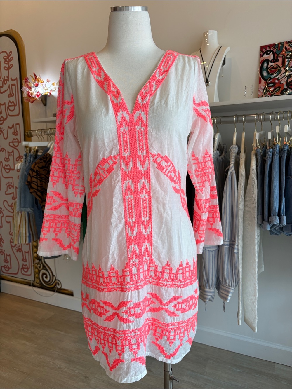 White Tunic Dress with Neon Coral Embroidery, Yoana Baraschi